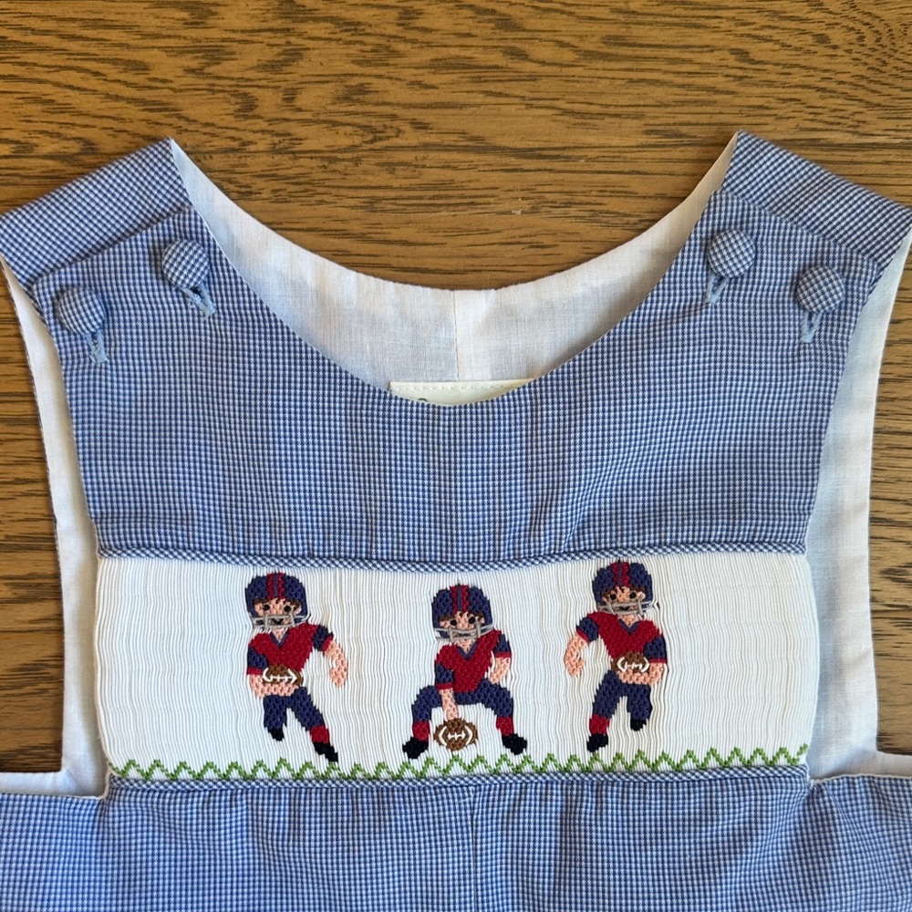 Embroidered Football Blue Gingham Smocked Romper - Picture 4 of 8